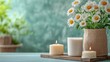 © SSTC AI Photo&Video - Tranquility in Bloom: A serene arrangement of white candles, illuminating a rustic wooden tray with a vibrant green background.