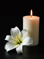 Aufkleber - A White Lily Is Placed Next To A Candle On A Black Background With Ample Copy Space Available. 00001