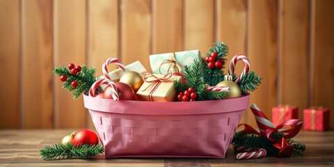 Poster - A pink wicker basket overflowing with festive Christmas ornaments, candy canes, and wrapped gifts, creating a joyful and celebratory atmosphere.