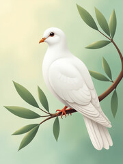 Poster - A White Dove Perches Calmly On A Green Olive Branch Amidst A Soft Pastel Background With Ample Copy Space. 00003