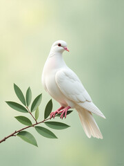 Poster - A White Dove Perches Calmly On A Green Olive Branch Amidst A Soft Pastel Background With Ample Copy Space. 00002