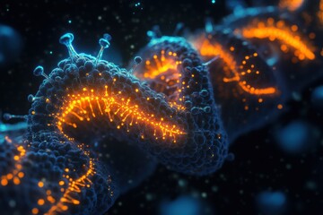 Leinwandbilder - Detailed 3D visualization of a virus structure highlighting capsid, spikes, and glowing RNA strands. Generative AI