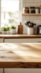 Poster - Sunlight illuminates an empty wooden table in a modern kitchen, creating a warm and inviting atmosphere perfect for showcasing products or culinary creations