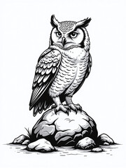 Poster - A White Background Displays A Black And White Graphic Of An Owl Sitting Alone On A Rock Isolated From Cluttering Surroundings Nearby. 00003