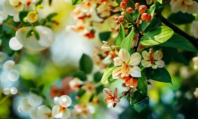Wall Mural - blooming orange flowers on sunlit tree branches