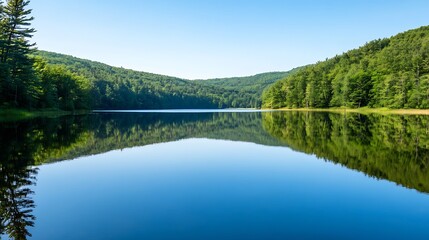 Poster - Tranquil forest lake with calm waters and lush green reflections under a clear blue sky perfect for serene nature landscapes : Generative AI