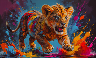 Poster - Colorful painting of a baby tiger. The tiger is running through a splash of paint. The colors are red, blue, and yellow