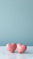 Poster - Two glossy pink hearts are sitting on a white marble table against a pastel blue backdrop, creating a minimalist yet romantic scene perfect for valentine's day or other love themed occasions