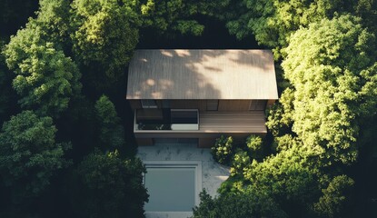 Wall Mural - a modern mansion with a pool and garden, aerial view, trees around the house