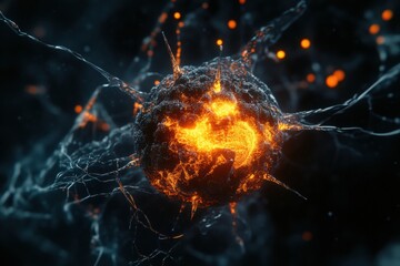 Poster - Detailed 3D visualization of a virus structure showcasing capsid and glowing molecular spikes with RNA strands. Generative AI