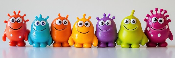 Poster - Bright and cheerful friendly microbes with eyes and smiles lined up in vibrant colors on a plain background. Generative AI