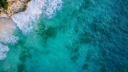 Poster - Aerial View of Pristine Turquoise Waves and Rugged Rocky Shoreline : Generative AI