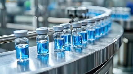 Modern pharmaceutical production facility. Vials with blue liquid on automated production line in factory