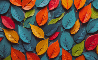 Poster - Colorful leaf pattern is shown on a blue background. The leaves are of different colors, including red, yellow, and green