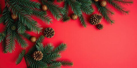 Poster - Evergreen branches and pine cones arranged on a red background, creating a festive winter scene.