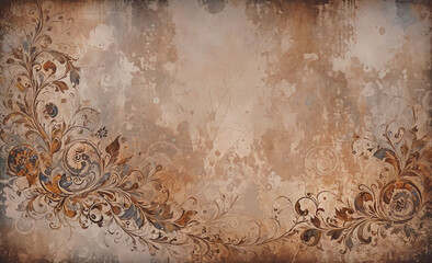 Poster - Painting of a flowery design with a brown background. The background is covered in splatters of paint