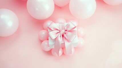 Poster - A white gift box with a pink satin bow surrounded by pastel pink balloons on a soft pink background