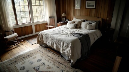 Wall Mural - Cozy Rustic Bedroom with Vintage Decor and Natural Light Through Large Windows : Generative AI