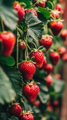 Wall Mural - Ripe red strawberries dangling from green stems inside controlled greenhouse growing conditions