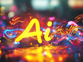 Poster - Neon AI text with vibrant colorful lights and abstract bokeh background