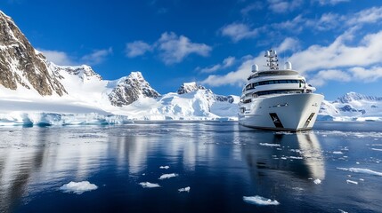 Poster - Expedition Yacht Navigating Pristine Antarctic Waters Amidst Icebergs and SnowCapped Mountains : Generative AI