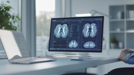 Poster - Medical professional examining brain mri scans displayed on a computer monitor in a bright, modern hospital or clinic setting, focusing on diagnostics and patient care