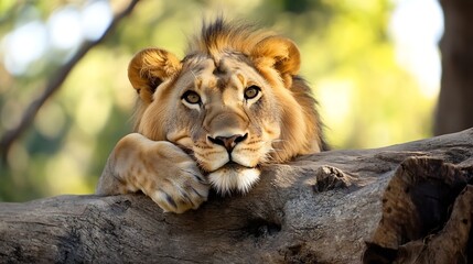Aufkleber - Majestic Lion Resting on Tree Trunk in Natural Wilderness Safari Setting : Generative AI