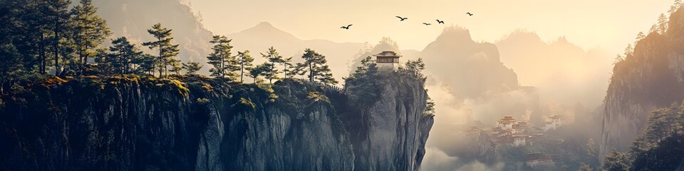 Poster - Panoramic view of Tigers Nest Monastery illuminated by the golden hour light, with dynamic shadows adding depth to the dramatic cliffs, in 4K resolution