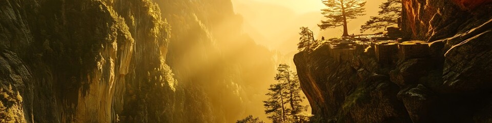 Aufkleber - Panoramic view of the dramatic cliffs surrounding Tigers Nest Monastery illuminated by golden light, with dynamic shadows creating depth, in 4K resolution