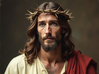 Poster - A Vintage Image Of Jesus Christ Wearing A Crown Of Thorns Is Recreated Using Artificial Intelligence Technology Algorithms. 00003