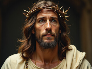 Poster - A Vintage Image Of Jesus Christ Wearing A Crown Of Thorns Is Recreated Using Artificial Intelligence Technology Algorithms. 00002