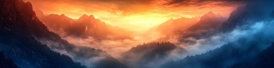 Leinwandbilder - Panoramic view of the intricate details of Tigers Nest Monastery glowing under fiery sunset hues, with dramatic shadows and swirling mist, in 4K resolution