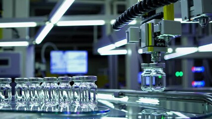 Poster - Robotic arm performs precise placement of glass vials in automated manufacturing facility