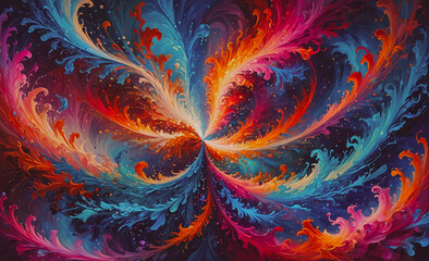 Poster - Colorful painting of a spiral with red, blue, and yellow colors. The spiral is surrounded by a blue background