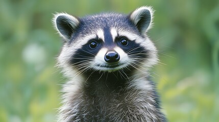 adorable young raccoon close-up portrait in nature setting fur cute wild eyes face green black white