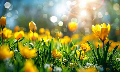 Wall Mural - yellow tulips blooming under sunlight with greenery and bokeh effect