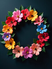 Poster - A Vibrant Wreath Crafted From An Array Of Colorful Flowers Adorns A Dark Background With Striking Visual Impact Overall. 00003