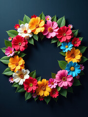 Poster - A Vibrant Wreath Crafted From An Array Of Colorful Flowers Adorns A Dark Background With Striking Visual Impact Overall. 00001