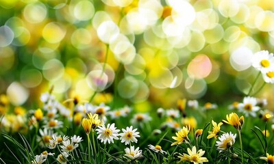 Wall Mural - white and yellow flowers amidst vibrant greenery with soft-focus, sunlit bokeh background