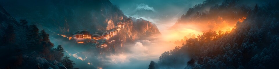 Leinwandbilder - Panoramic view of Tigers Nest Monastery glowing under vibrant twilight, with dynamic shadows and swirling mist creating depth, in 4K resolution
