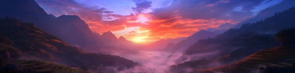 Leinwandbilder - Panoramic view of the serene valley glowing under fiery sunset hues, with vibrant terraced fields and swirling mist adding depth, in 4K resolution