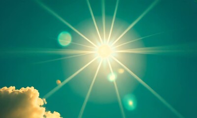 Wall Mural - bright sun shining with lens flare against clear blue sky some clouds