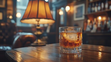 Poster - A glass of whiskey with ice rests on a polished wooden table in an inviting bar. Warm lamps illuminate the surroundings, creating a relaxed atmosphere in the evening.