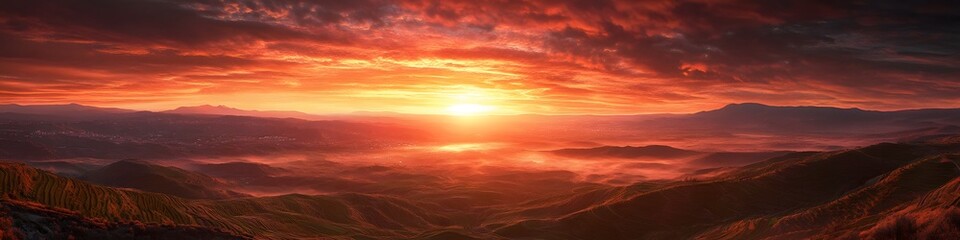 Leinwandbilder - Panoramic view of the serene valley glowing under fiery sunset hues, with vibrant terraced fields and swirling mist adding depth, in 4K resolution