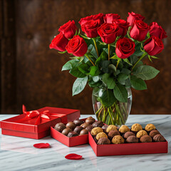 Wall Mural - rose and chocolate in a table romantic setup for rose and chocolate day. A chocolate box with truffles, bouquet of red roses on a marble surface, St Valentines day, romantic present.