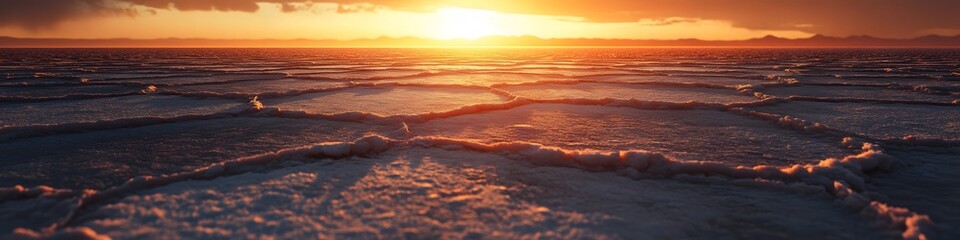 Poster - Panoramic view of the salt flats glowing under a fiery sunset, with dynamic textures of the hexagonal patterns creating depth, in 4K resolution