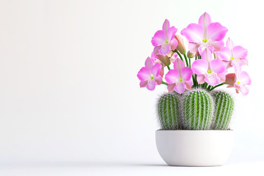 Bright bouquet of pink orchids and textured cacti beautifully rendered in a minimalist style against a clean white background showcasing vibrant colors and intricate details