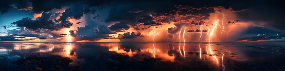 Aufkleber - Aerial panorama of vibrant lightning bolts illuminating the flooded salt flats, with reflections creating a dynamic and surreal scene, in 4K resolution