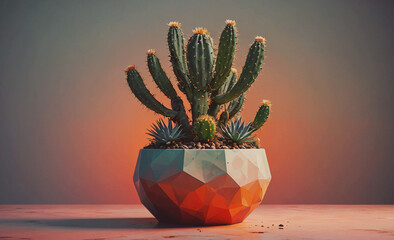 Poster - Potted cactus plant with a blue and red pot. The plant is in a small pot and is sitting on a table