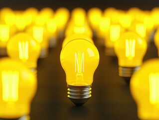Poster - A vivid array of glowing yellow lightbulbs, creating a bright and inviting atmosphere, with one bulb prominently featured in the foreground.